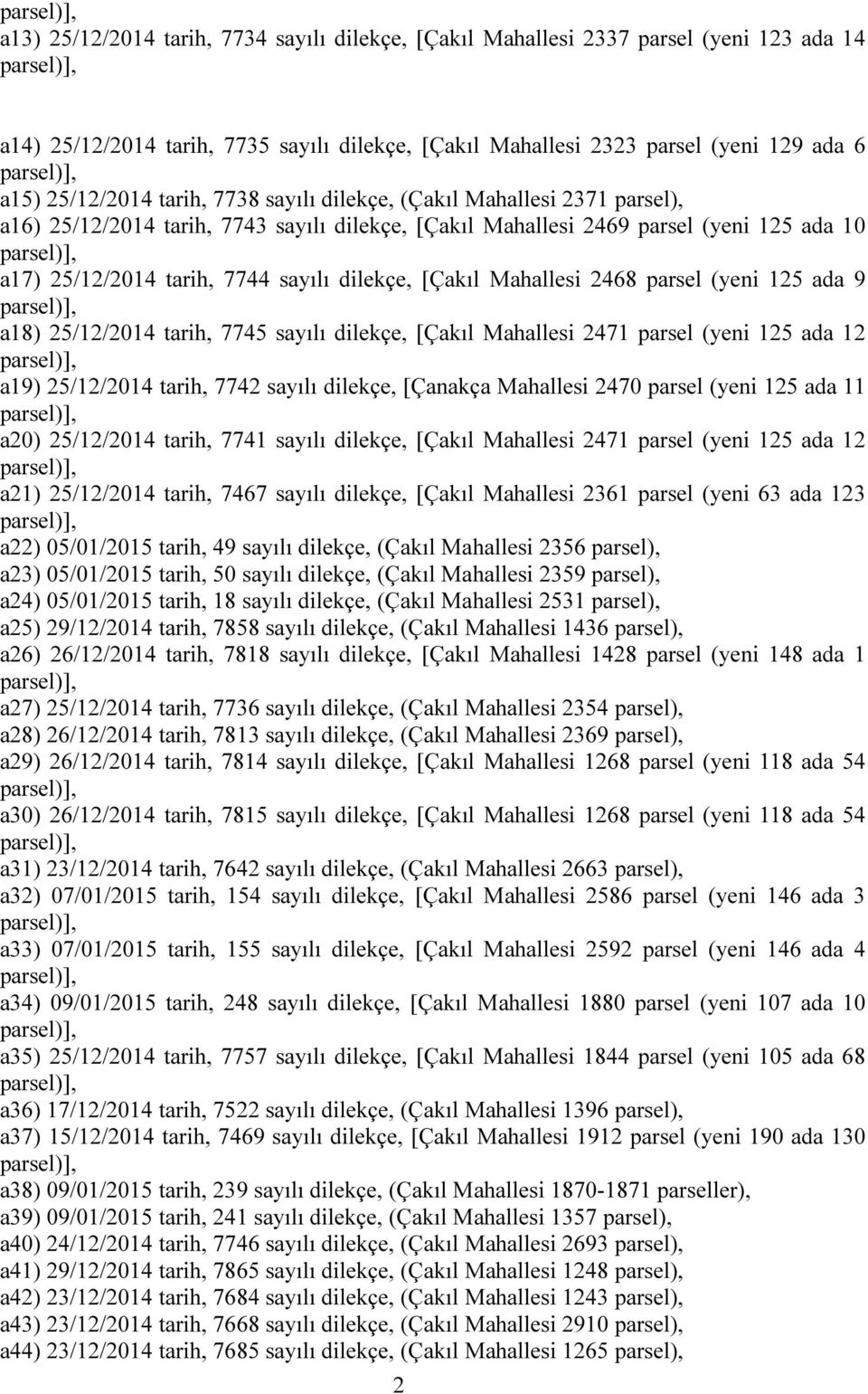 Mahallesi 2468 parsel (yeni 125 ada 9 a18) 25/12/2014 tarih, 7745 sayılı dilekçe, [Çakıl Mahallesi 2471 parsel (yeni 125 ada 12 a19) 25/12/2014 tarih, 7742 sayılı dilekçe, [Çanakça Mahallesi 2470