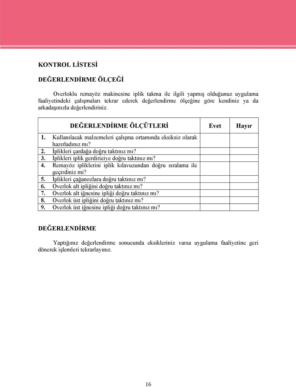 İplikleri çardağa doğru taktınız mı? 3. İplikleri iplik gerdiriciye doğru taktınız mı? 4. Remayöz ipliklerini iplik kılavuzundan doğru sıralama ile geçirdiniz mi? 5.