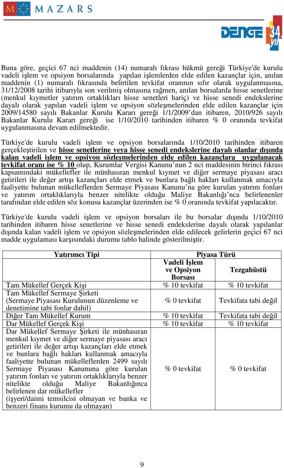 ortaklıkları hisse senetleri hariç) ve hisse senedi endekslerine dayalı olarak yapılan vadeli işlem ve opsiyon sözleşmelerinden elde edilen kazançlar için 2009/14580 sayılı Bakanlar Kurulu Kararı