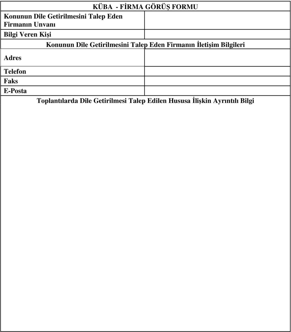 Talep Eden Firmanın İletişim Bilgileri Telefon Faks E-Posta