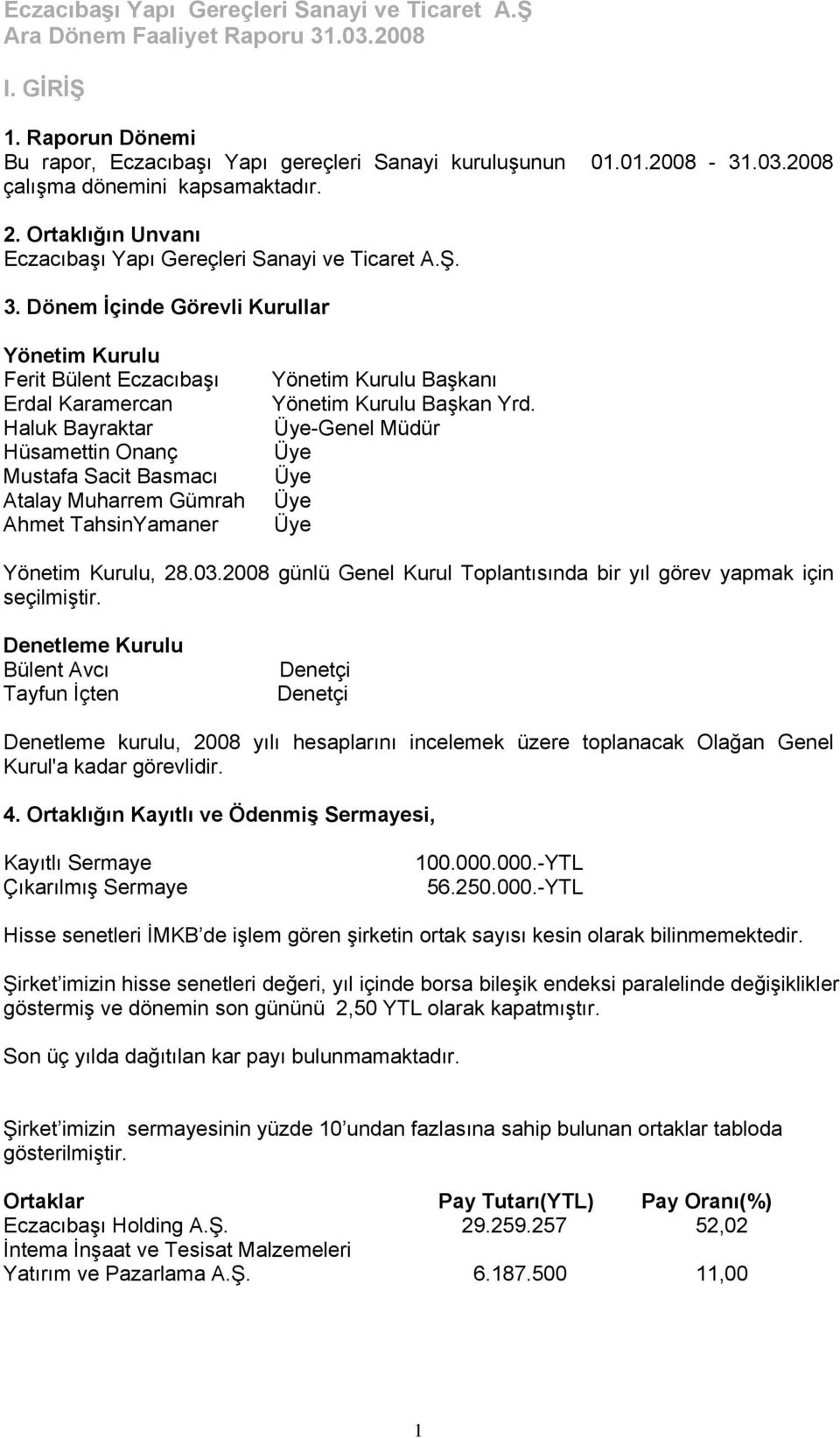 Dönem İçinde Görevli Kurullar Yönetim Kurulu Ferit Bülent Eczacıbaşı Erdal Karamercan Haluk Bayraktar Hüsamettin Onanç Mustafa Sacit Basmacı Atalay Muharrem Gümrah Ahmet TahsinYamaner Yönetim Kurulu