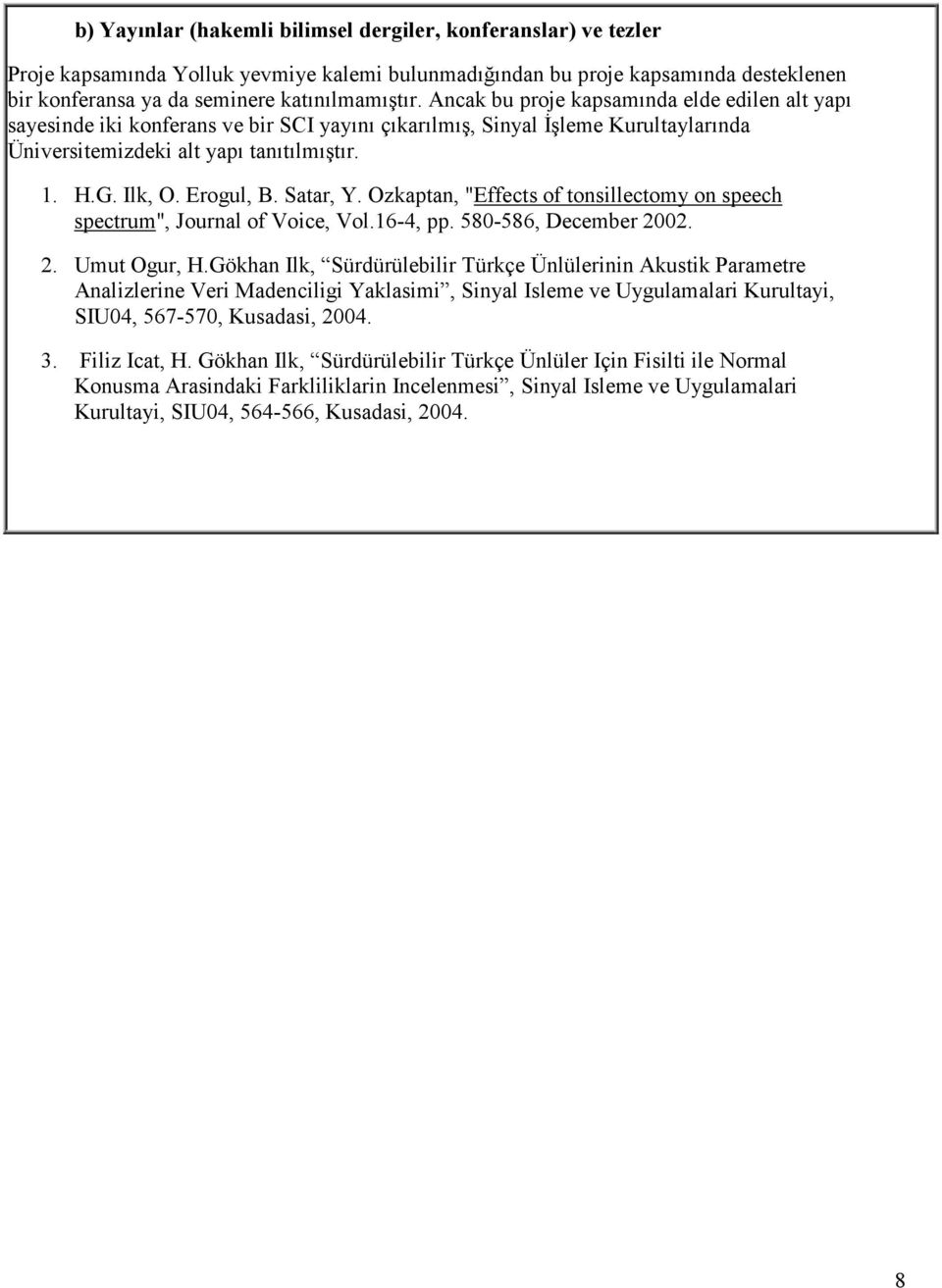 Satar, Y. Ozkaptan, "Effects of tonsillectomy on speech spectrum", Journal of Voice, Vol.16-4, pp. 580-586, December 2002. 2. Umut Ogur, H.