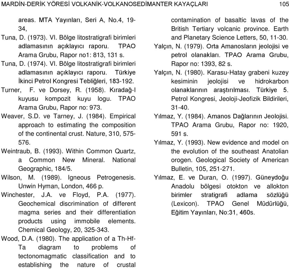 ve Dorsey, R. (1958). Kıradağ-I kuyusu kompozit kuyu logu. TPAO Arama Grubu, Rapor no: 973. Weaver, S.D. ve Tarney, J. (1984).