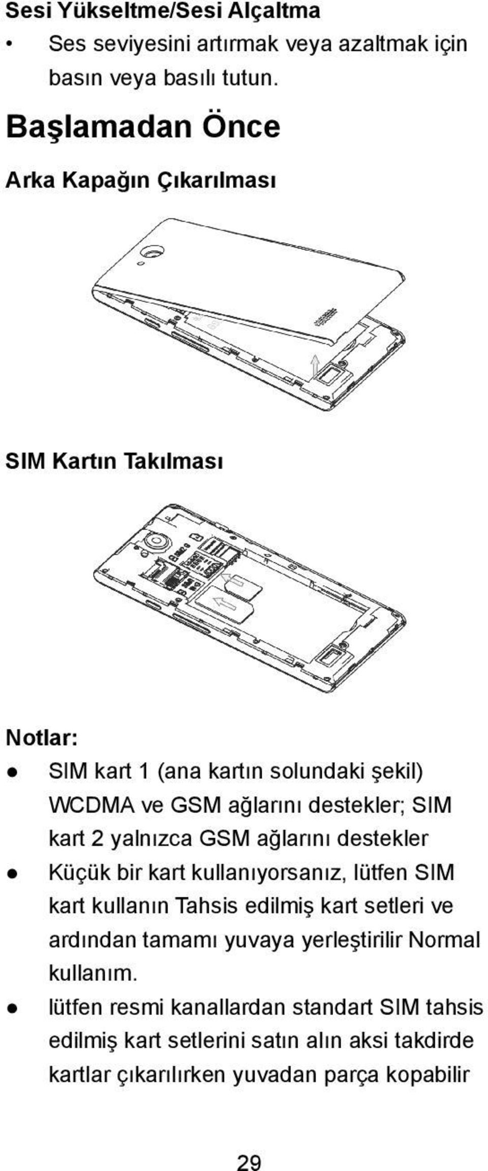 destekler; SIM kart 2 yalnızca GSM ağlarını destekler Küçük bir kart kullanıyorsanız, lütfen SIM kart kullanın Tahsis edilmiş kart setleri ve