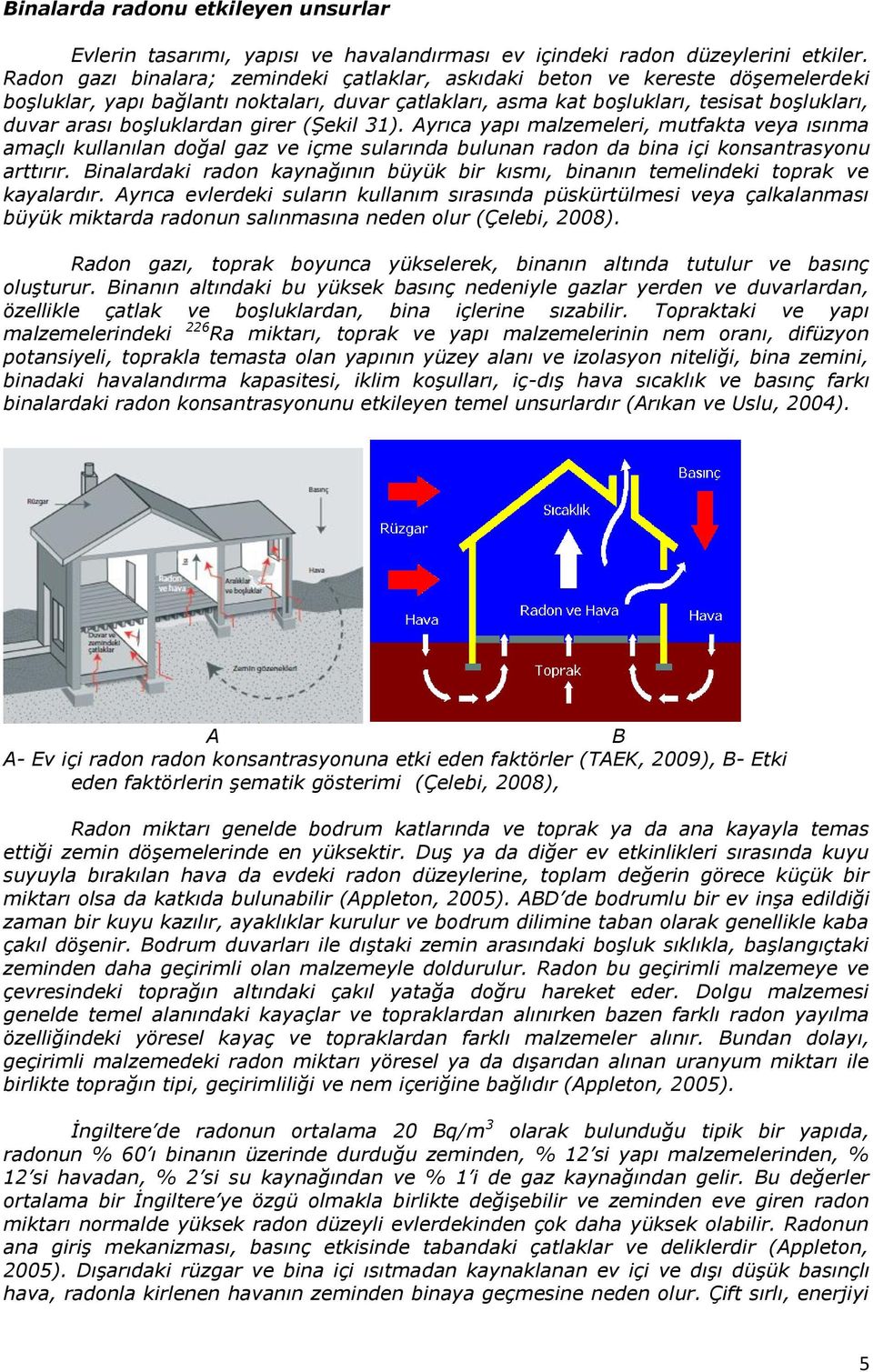 boşluklardan girer (Şekil 31). Ayrıca yapı malzemeleri, mutfakta veya ısınma amaçlı kullanılan doğal gaz ve içme sularında bulunan radon da bina içi konsantrasyonu arttırır.