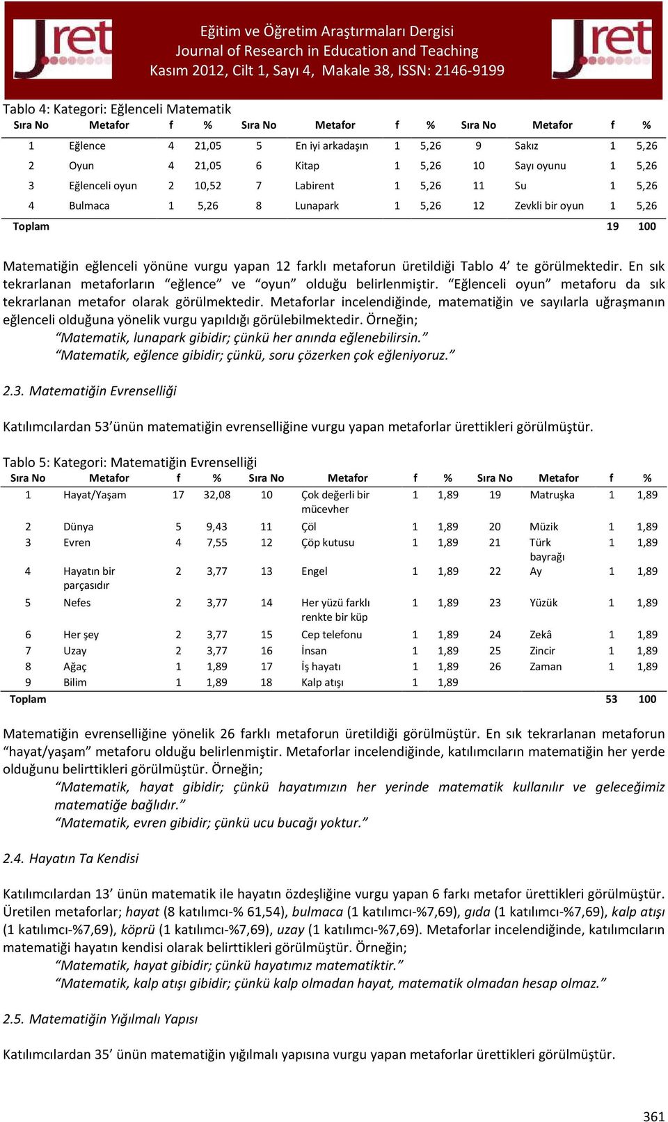 metaforun üretildiği Tablo 4 te görülmektedir. En sık tekrarlanan metaforların eğlence ve oyun olduğu belirlenmiştir. Eğlenceli oyun metaforu da sık tekrarlanan metafor olarak görülmektedir.