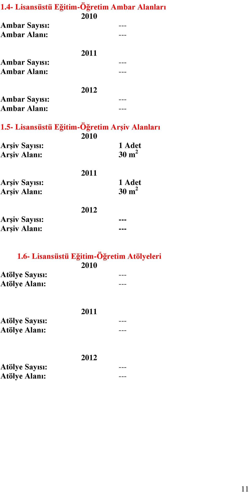 5- Lisansüstü Eğitim-Öğretim ArĢiv Alanları 2010 ArĢiv : 1 Adet ArĢiv Alanı: 30 m 2 2011 ArĢiv : 1 Adet ArĢiv