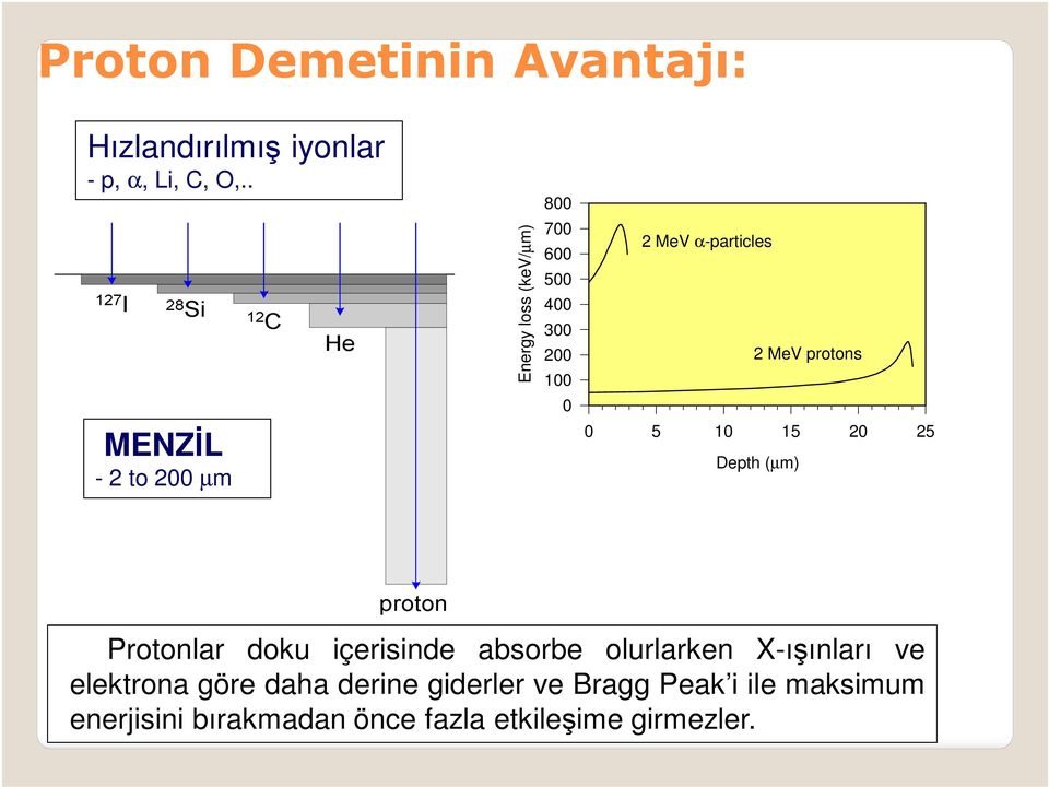 2 MeV protons 0 5 10 15 20 25 Depth (µm) Protonlar doku içerisinde absorbe olurlarken