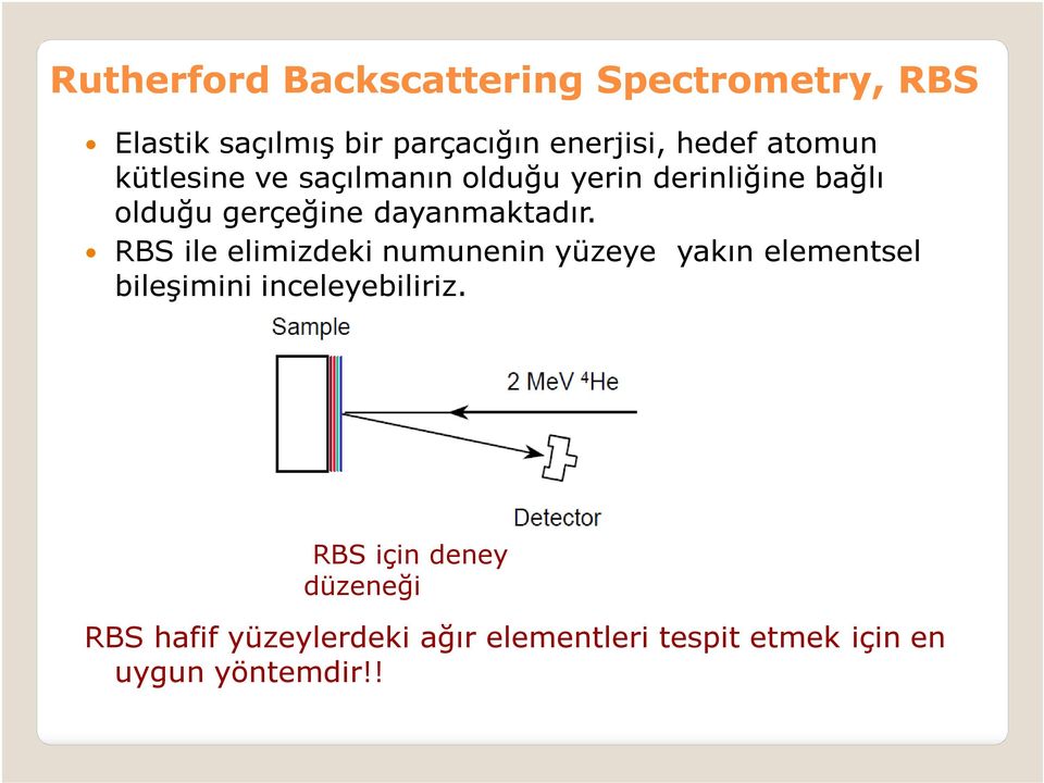 RBS ile elimizdeki numunenin yüzeye yakın elementsel bileşimini inceleyebiliriz.