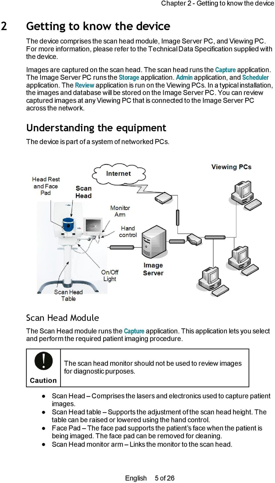 The Image Server PC runs the Storage application. Admin application, and Scheduler application. The Review application is run on the Viewing PCs.