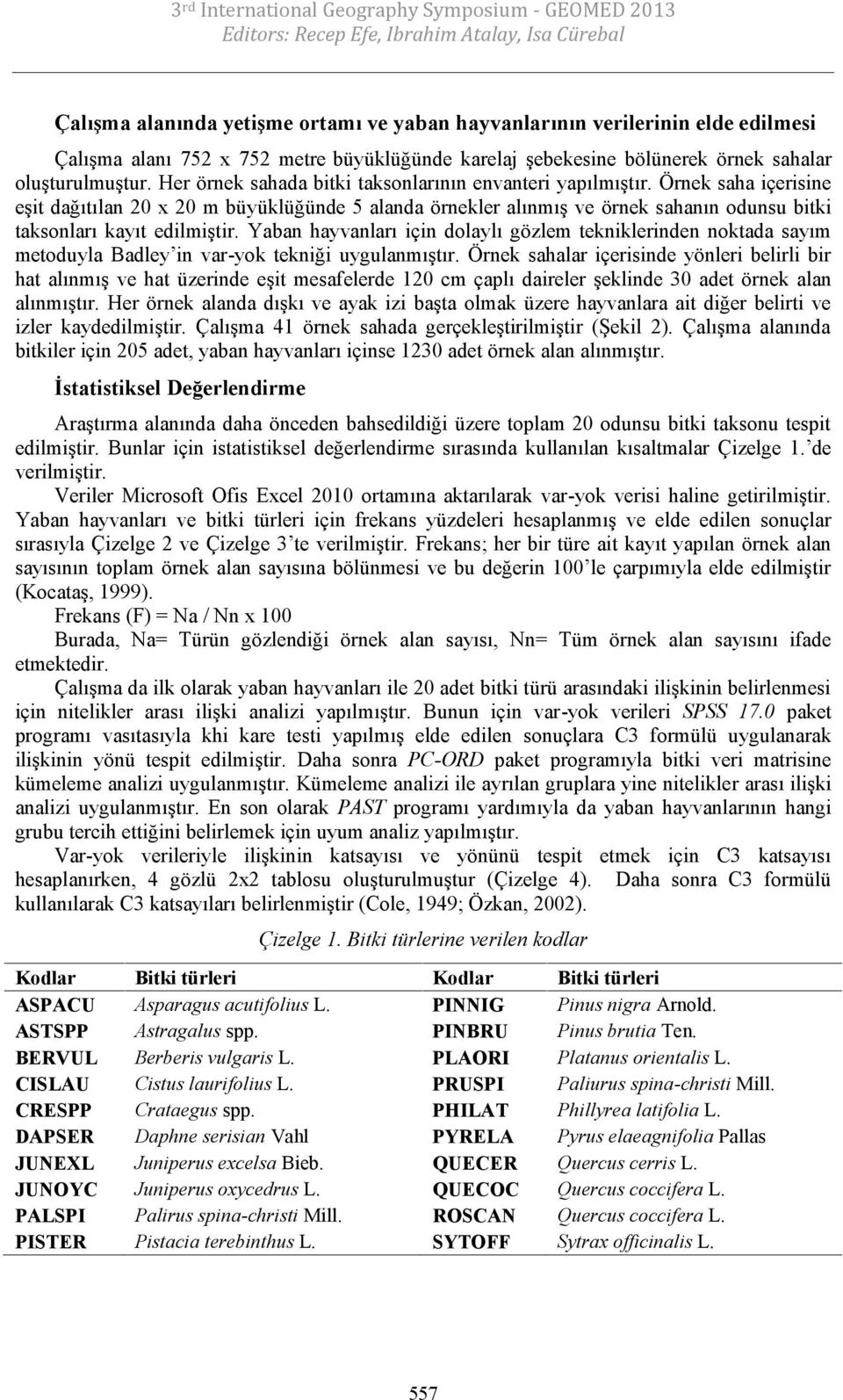 Örnek saha içerisine eşit dağıtılan 20 x 20 m büyüklüğünde 5 alanda örnekler alınmış ve örnek sahanın odunsu bitki taksonları kayıt edilmiştir.