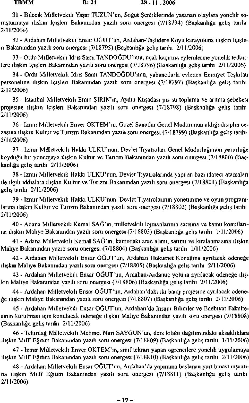 32 - Ardahan Milletvekili Ensar OĞUT'un, Ardahan-Taşlidere Koyu karayoluna ilişkin içişleri Bakanından yazılı soru önergesi (7/18795) (Başkanlığa geliş tanhı 2/11/2006) 33 - Ordu Milletvekili İdrıs