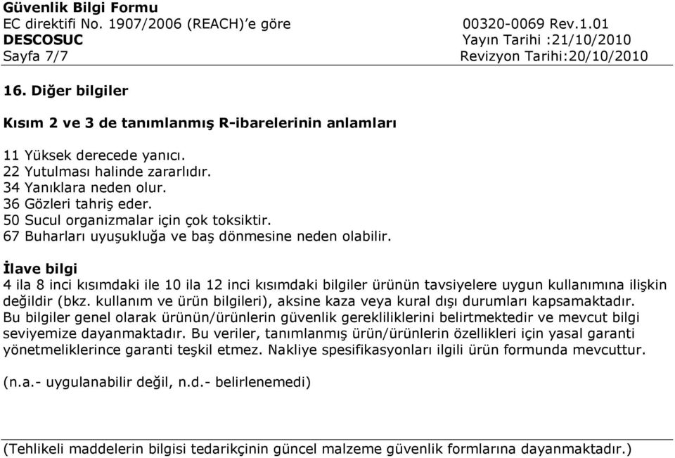 İlave bilgi 4 ila 8 inci kısımdaki ile 10 ila 12 inci kısımdaki bilgiler ürünün tavsiyelere uygun kullanımına ilişkin değildir (bkz.