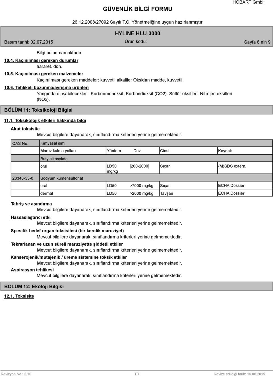 etkileri hakkında bilgi Akut toksisite Maruz kalma yolları Yöntem Doz Cinsi Kaynak Butylalkoxylate oral 28348-53-0 Sodyum kumensülfonat oral dermal LD50 [200-2000] mg/kg Sıçan (M)SDS extern.