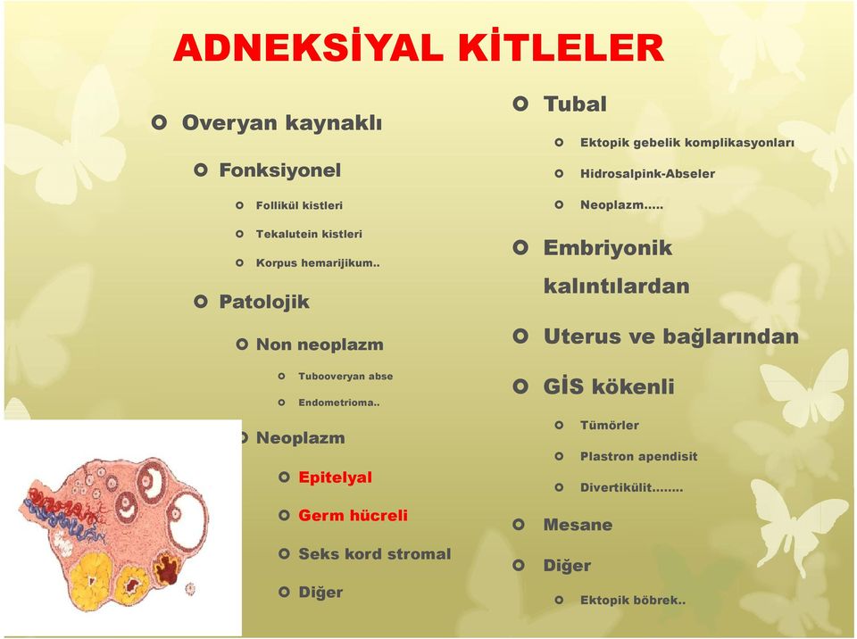 . Patolojik Non neoplazm Embriyonik kalıntılardan Uterus ve bağlarından Tubooveryan abse Endometrioma.