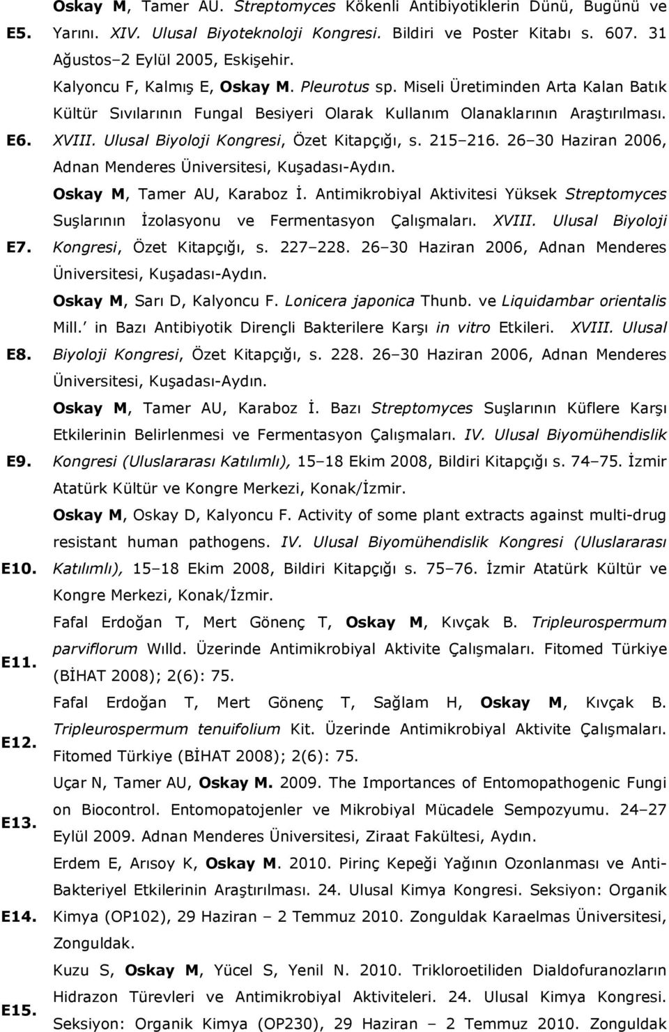 XVIII. Ulusal Biyoloji Kongresi, Özet Kitapçığı, s. 215 216. 26 30 Haziran 2006, Adnan Menderes Üniversitesi, Kuşadası-Aydın. Oskay M, Tamer AU, Karaboz İ.