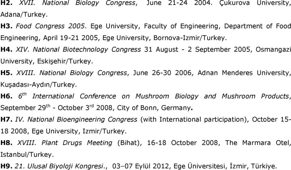 National Biotechnology Congress 31 August - 2 September 2005, Osmangazi University, Eskişehir/Turkey. H5. XVIII.