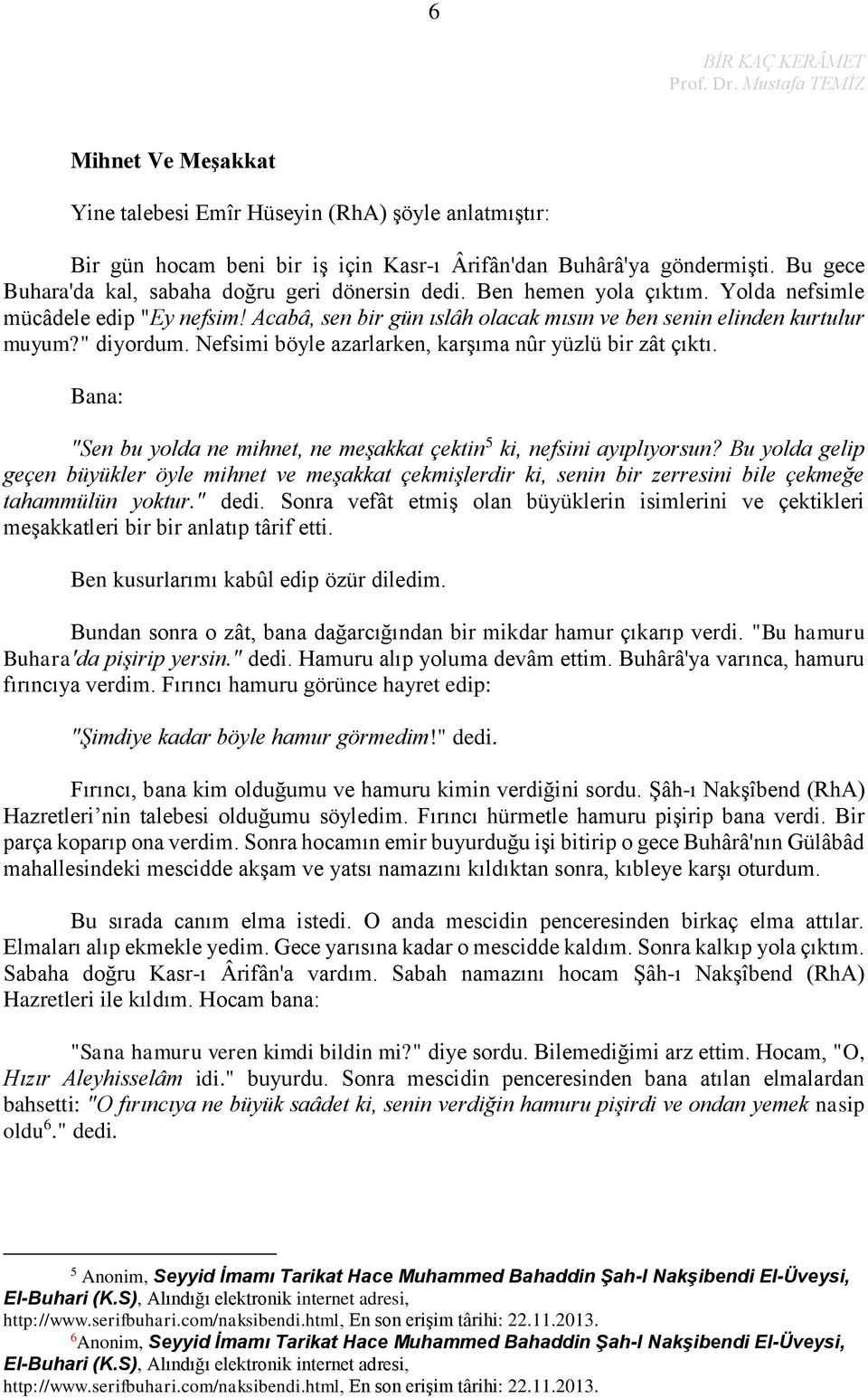 Nefsimi böyle azarlarken, karşıma nûr yüzlü bir zât çıktı. Bana: "Sen bu yolda ne mihnet, ne meşakkat çektin 5 ki, nefsini ayıplıyorsun?