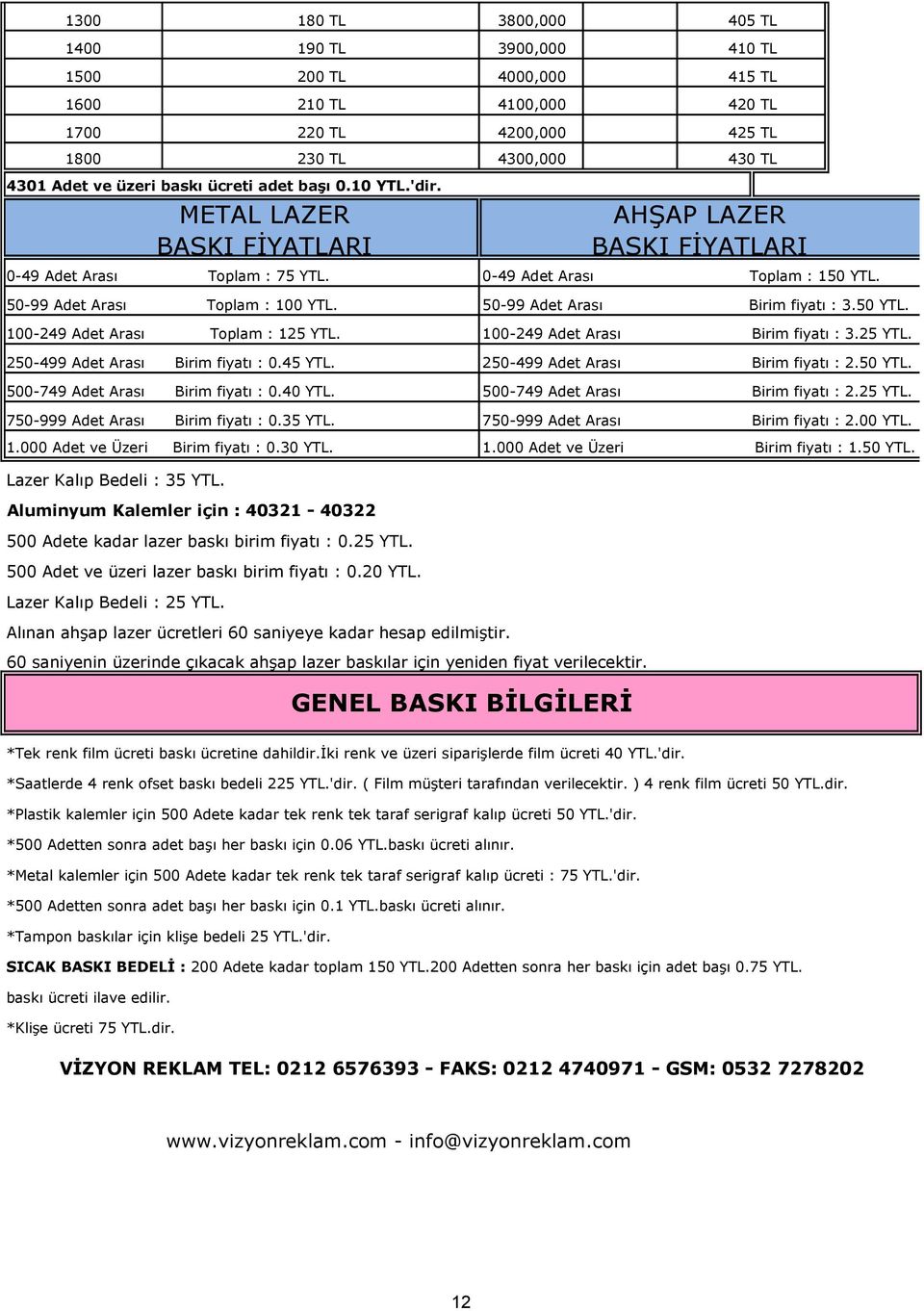 100-249 Adet Arası Toplam : 125 YTL. 250-499 Adet Arası Birim fiyatı : 0.45 YTL. 500-749 Adet Arası Birim fiyatı : 0.40 YTL. 750-999 Adet Arası Birim fiyatı : 0.35 YTL. 1.000 Adet ve Üzeri Birim fiyatı : 0.