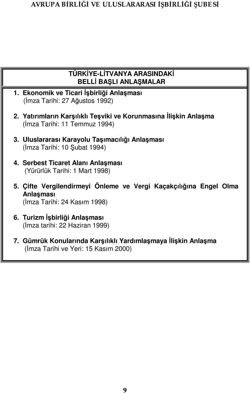 Uluslararas Karayolu Ta mac Anla mas ( mza Tarihi: 10 ubat 1994) 4. Serbest Ticaret Alan Anla mas (Yürürlük Tarihi: 1 Mart 1998) 5.