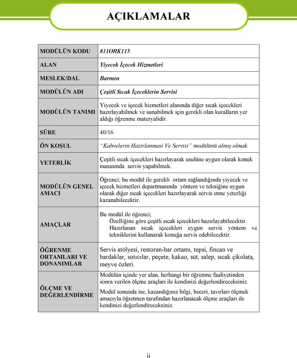 SÜRE 40/16 ÖN KOŞUL YETERLİK MODÜLÜN GENEL AMACI AMAÇLAR ÖĞRENME ORTAMLARI VE DONANIMLAR ÖLÇME VE DEĞERLENDİRME Kahvelerin Hazirlanmasi Ve Servisi modülünü almış olmak.