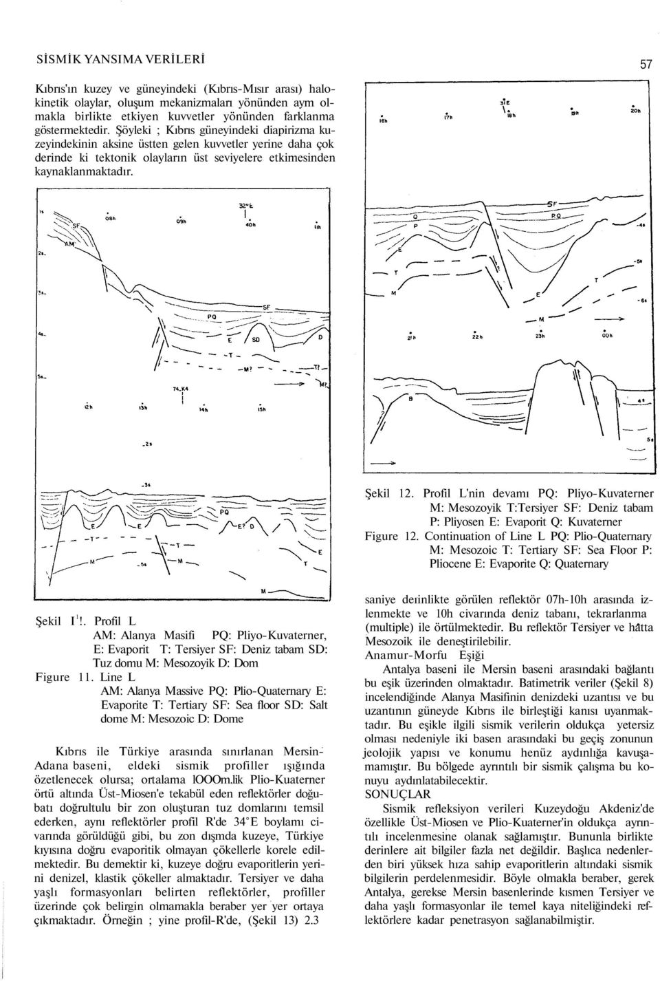 Şekil 12. Profil L'nin devamı PQ: Pliyo-Kuvaterner M: Mesozoyik T:Tersiyer SF: Deniz tabam P: Pliyosen E: Evaporit Q: Kuvaterner Figure 12.