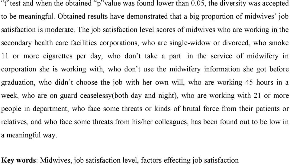 The job satisfaction level scores of midwives who are working in the secondary health care facilities corporations, who are single-widow or divorced, who smoke 11 or more cigarettes per day, who don