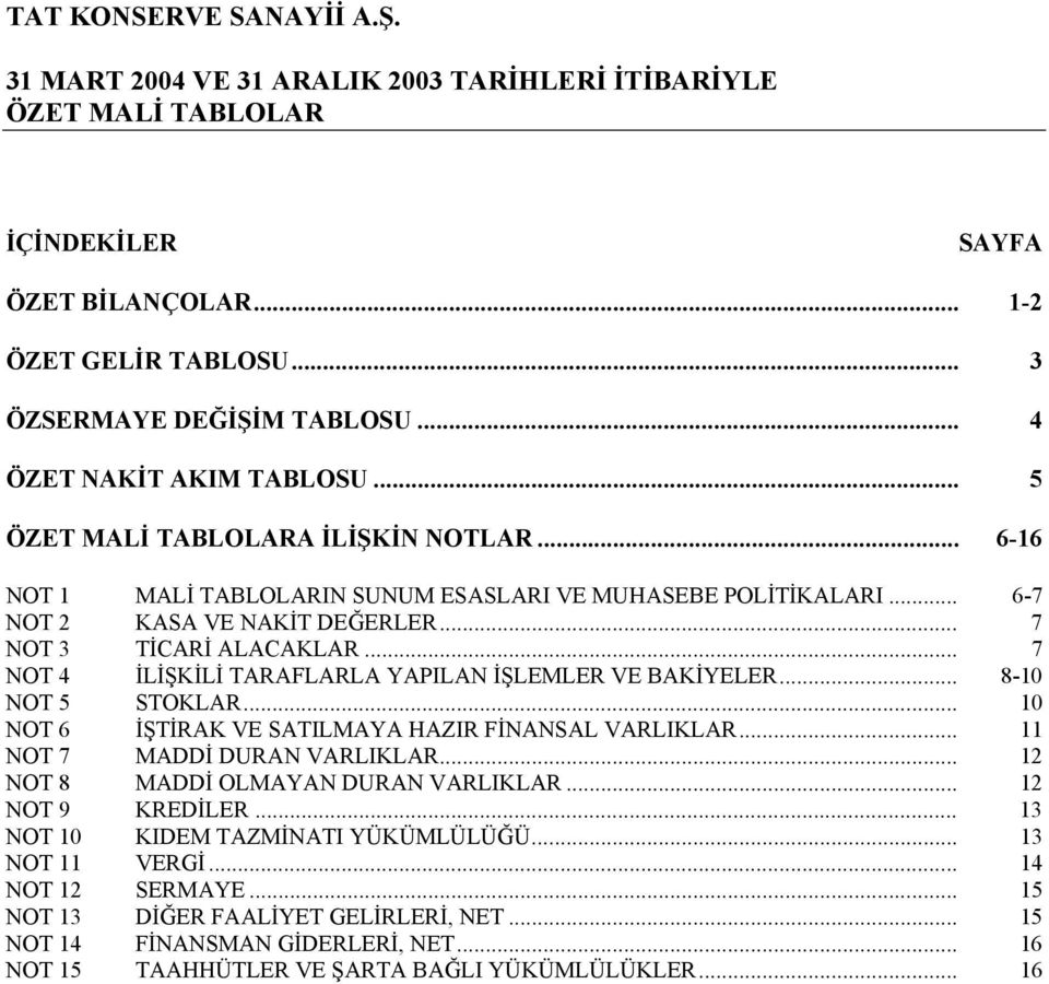 .. 8-10 NOT 5 STOKLAR... 10 NOT 6 İŞTİRAK VE SATILMAYA HAZIR FİNANSAL VARLIKLAR... 11 NOT 7 MADDİ DURAN VARLIKLAR... 12 NOT 8 MADDİ OLMAYAN DURAN VARLIKLAR... 12 NOT 9 KREDİLER.