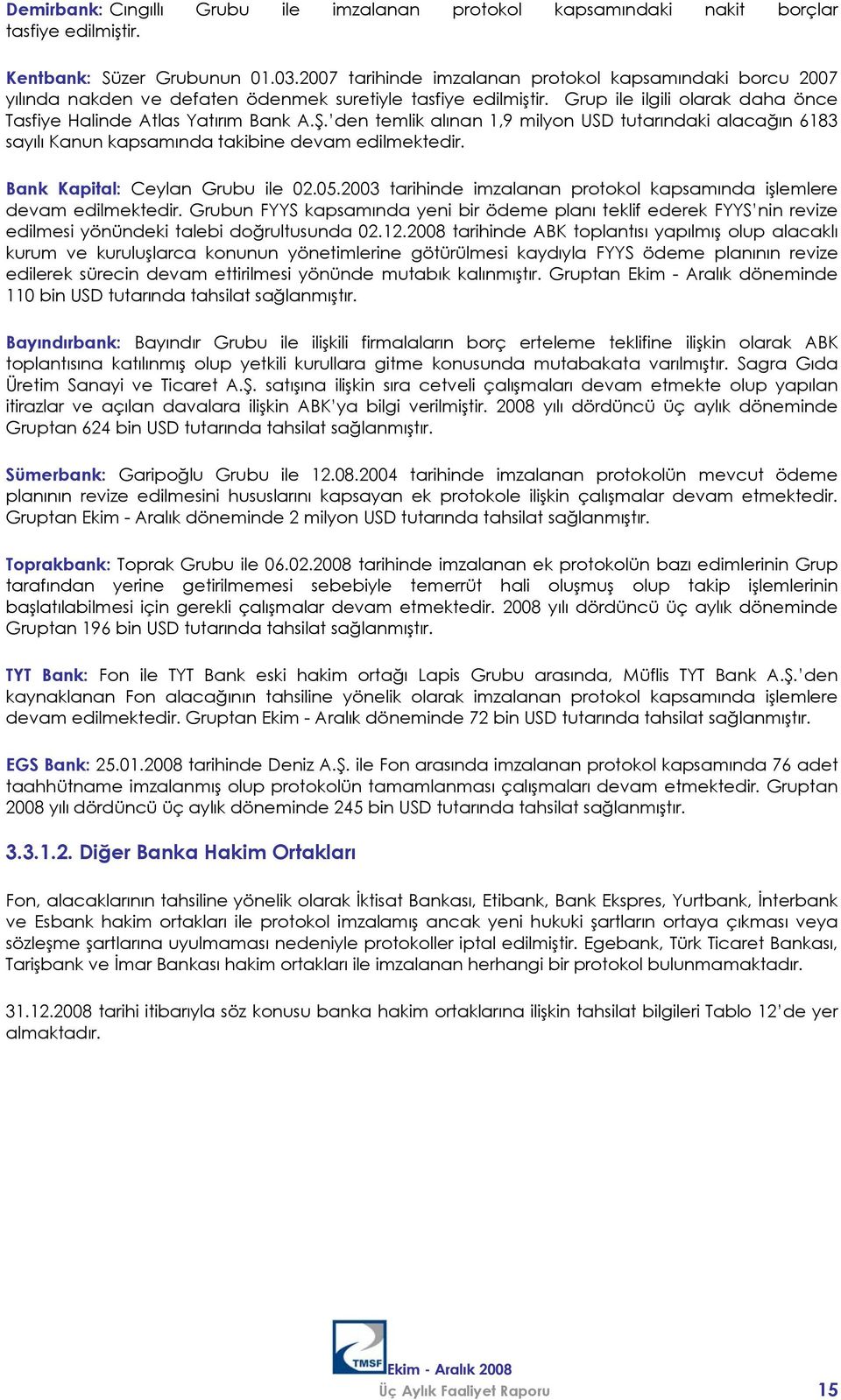 den temlik alınan 1,9 milyon USD tutarındaki alacağın 6183 sayılı Kanun kapsamında takibine devam edilmektedir. Bank Kapital: Ceylan Grubu ile 02.05.