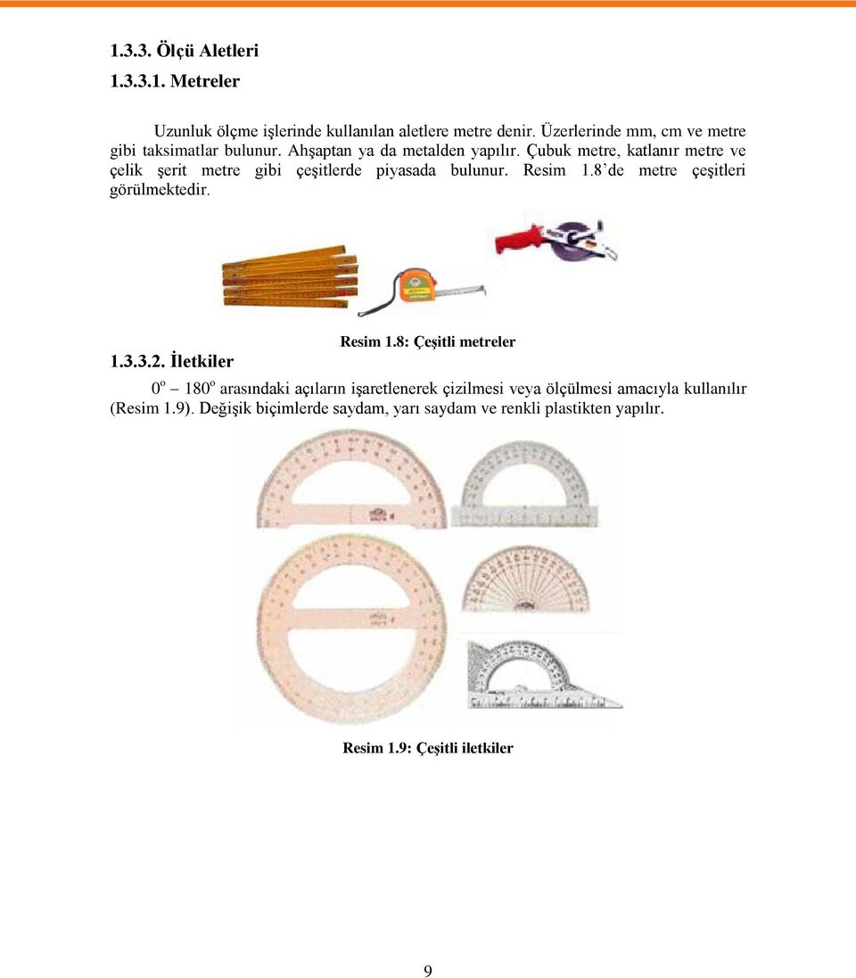 Çubuk metre, katlanır metre ve çelik Ģerit metre gibi çeģitlerde piyasada bulunur. Resim 1.8 de metre çeģitleri görülmektedir. 1.3.3.2.