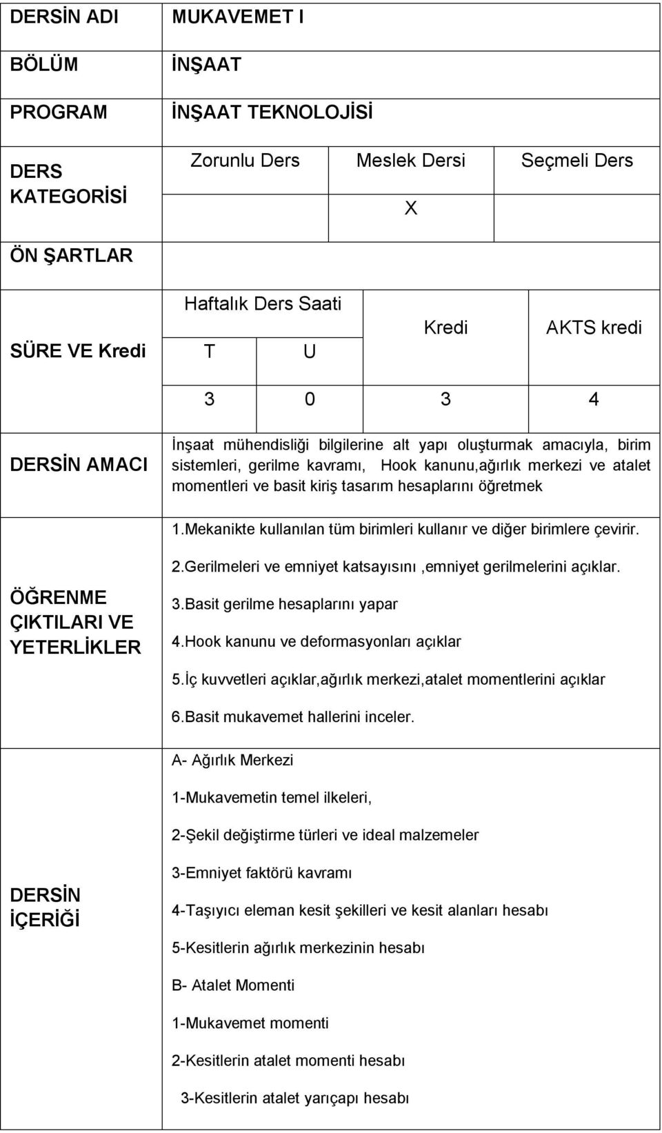 Basit gerilme hesaplarını yapar 4.Hook kanunu ve deformasyonları açıklar 5.İç kuvvetleri açıklar,ağırlık merkezi,atalet momentlerini açıklar 6.Basit mukavemet hallerini inceler.