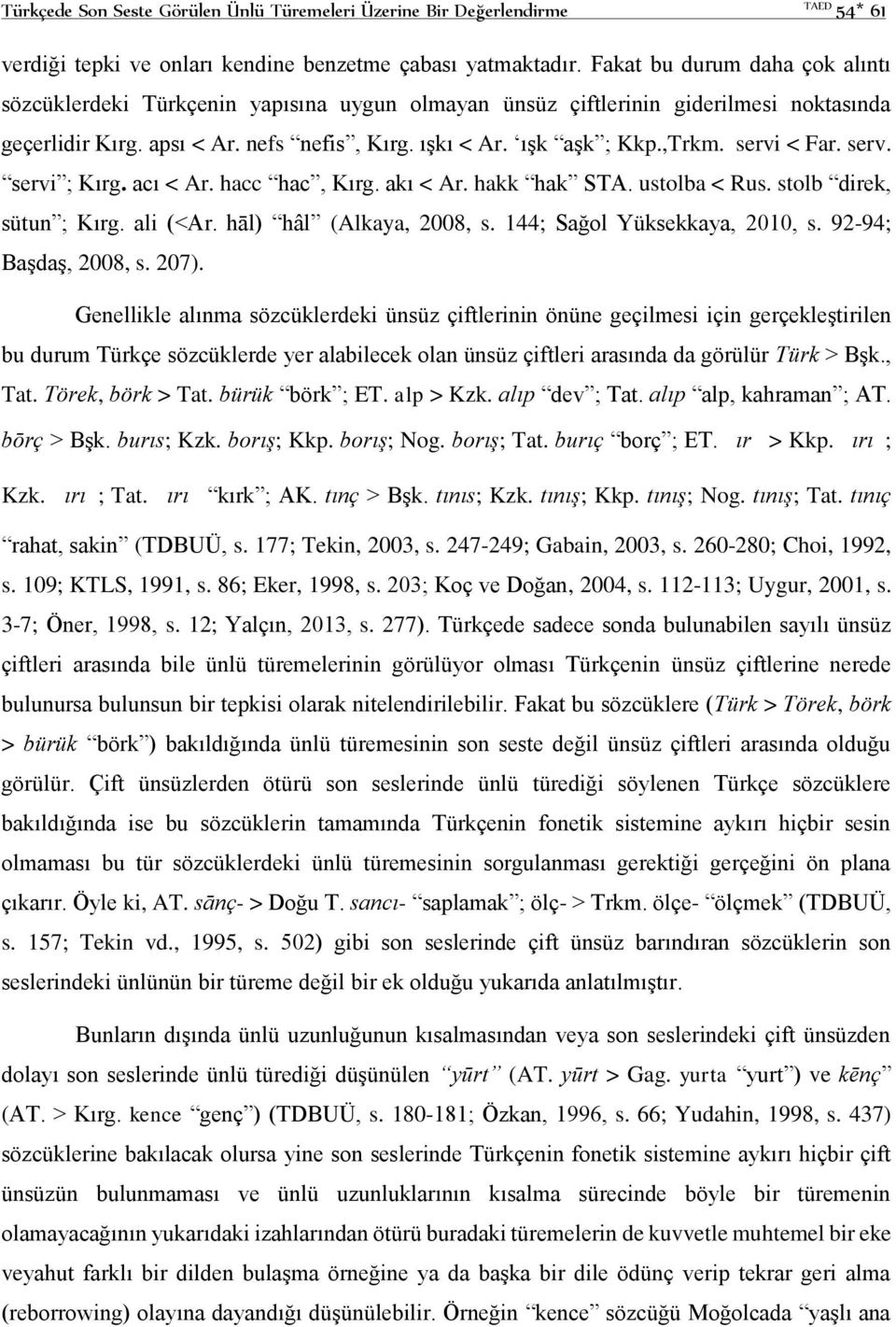 servi < Far. serv. servi ; Kırg. acı < Ar. hacc hac, Kırg. akı < Ar. hakk hak STA. ustolba < Rus. stolb direk, sütun ; Kırg. ali (<Ar. hāl) hâl (Alkaya, 2008, s. 144; Sağol Yüksekkaya, 2010, s.