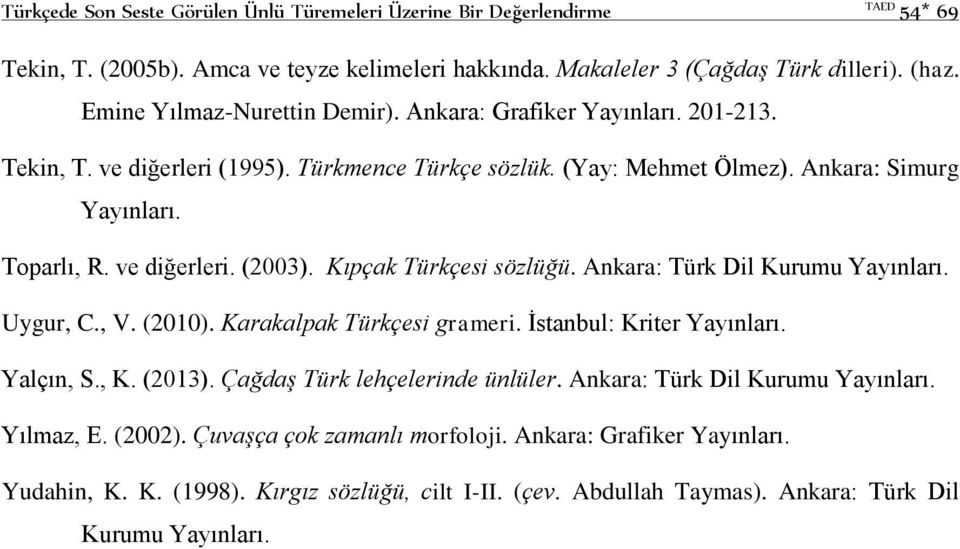 Kıpçak Türkçesi sözlüğü. Ankara: Türk Dil Kurumu Yayınları. Uygur, C., V. (2010). Karakalpak Türkçesi grameri. İstanbul: Kriter Yayınları. Yalçın, S., K. (2013). Çağdaş Türk lehçelerinde ünlüler.