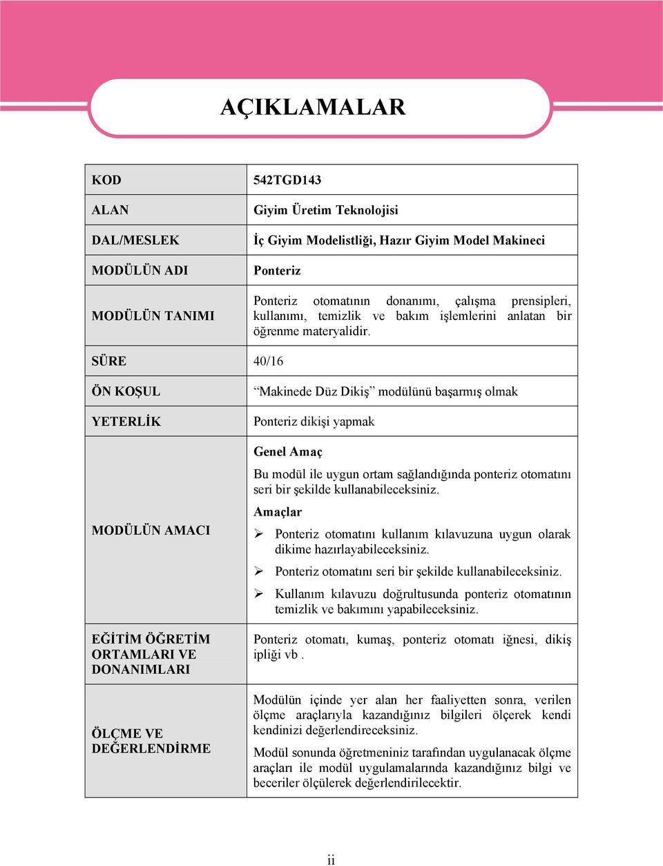 SÜRE 40/16 ÖN KOŞUL YETERLİK MODÜLÜN AMACI EĞİTİM ÖĞRETİM ORTAMLARI VE DONANIMLARI ÖLÇME VE DEĞERLENDİRME Makinede Düz Dikiş modülünü başarmış olmak Ponteriz dikişi yapmak Genel Amaç Bu modül ile