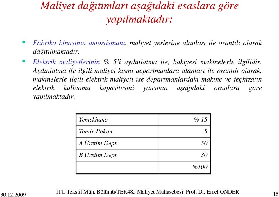 Aydınlatma ile ilgili maliyet kısmı departmanlara alanları ile orantılı olarak, makinelerle ilgili elektrik maliyeti ise departmanlardaki makine ve