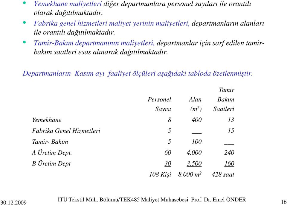 Tamir-Bakım departmanının maliyetleri, departmanlar için sarf edilen tamirbakım saatleri esas alınarak dağıtılmaktadır.