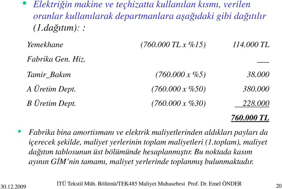 000 TL Fabrika bina amortismanı ve elektrik maliyetlerinden aldıkları payları da içerecek şekilde, maliyet yerlerinin toplam maliyetleri (1.