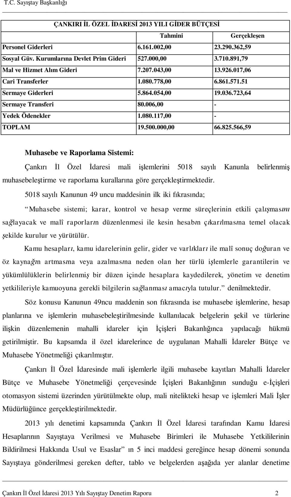 500.000,00 66.825.566,59 Muhasebe ve Raporlama Sistemi: Çank l Özel daresi mali i lemlerini 5018 say Kanunla belirlenmi muhasebele tirme ve raporlama kurallar na göre gerçekle tirmektedir.