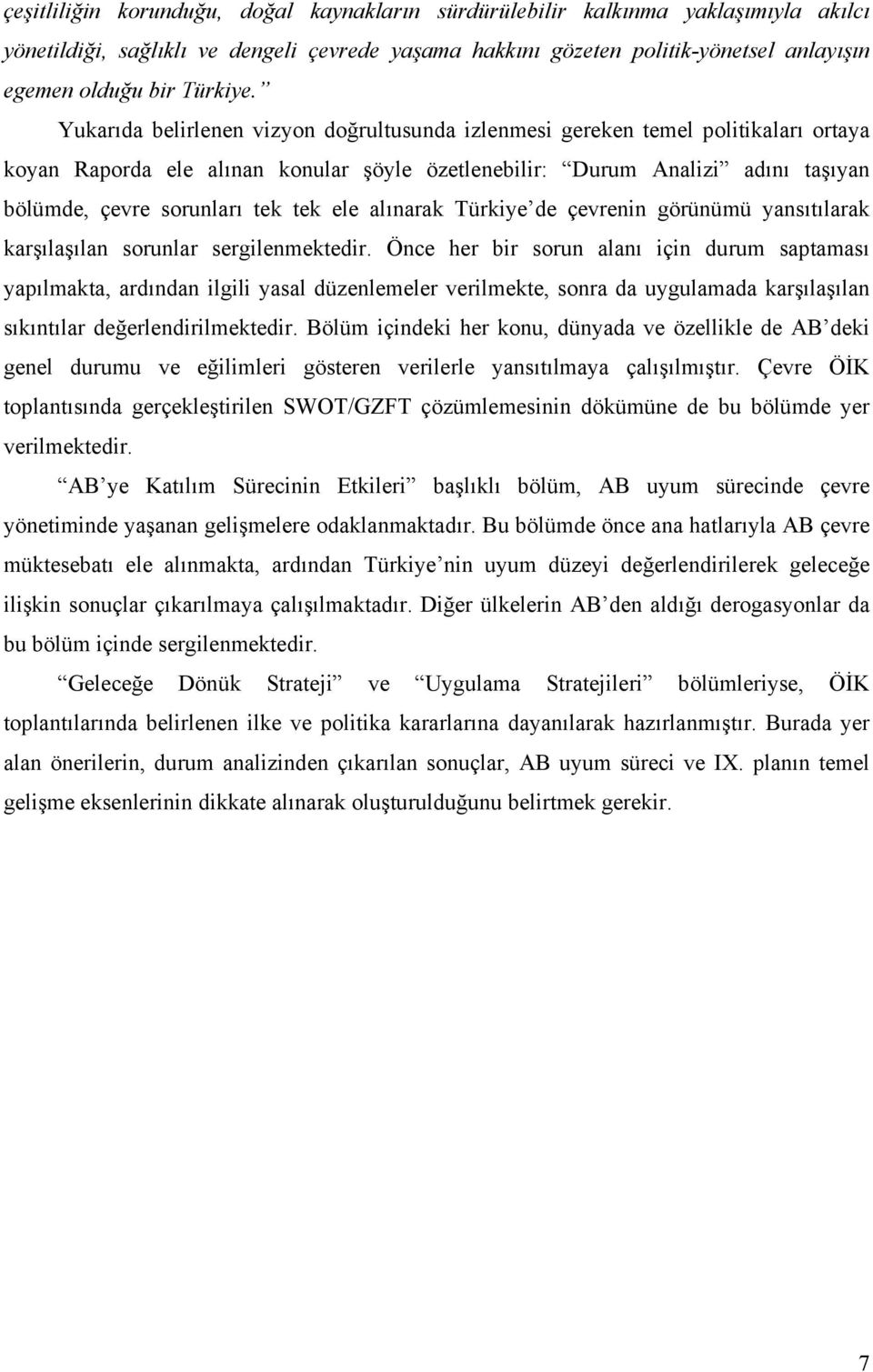 Yukarıda belirlenen vizyon doğrultusunda izlenmesi gereken temel politikaları ortaya koyan Raporda ele alınan konular şöyle özetlenebilir: Durum Analizi adını taşıyan bölümde, çevre sorunları tek tek