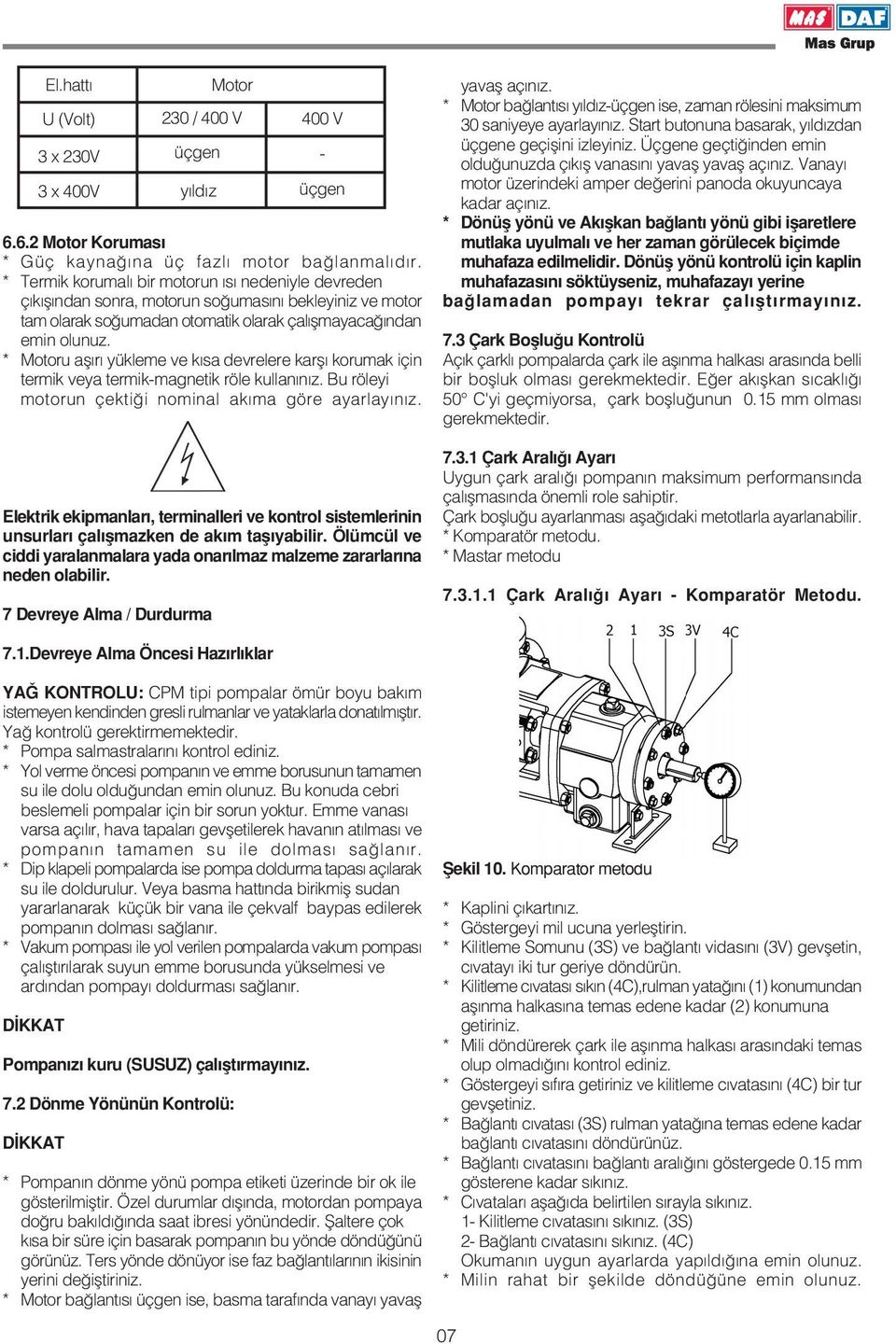 * Motoru afl r yükleme ve k sa devrelere karfl korumak için termik veya termik-magnetik röle kullan n z. Bu röleyi motorun çekti i nominal ak ma göre ayarlay n z.