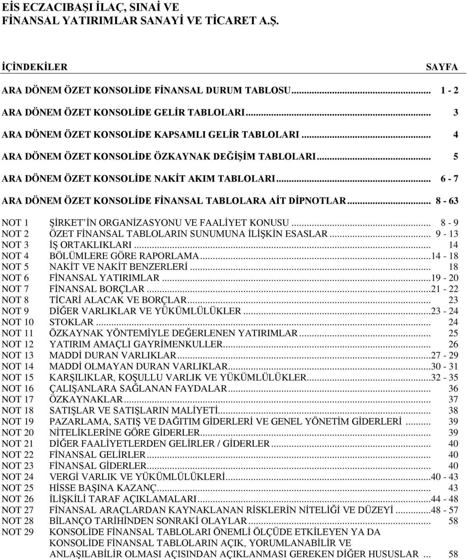 .. 6-7 ARA DÖNEM ÖZET KONSOLİDE FİNANSAL TABLOLARA AİT DİPNOTLAR... 8-63 NOT 1 ŞİRKET İN ORGANİZASYONU VE FAALİYET KONUSU... 8-9 NOT 2 ÖZET FİNANSAL TABLOLARIN SUNUMUNA İLİŞKİN ESASLAR.