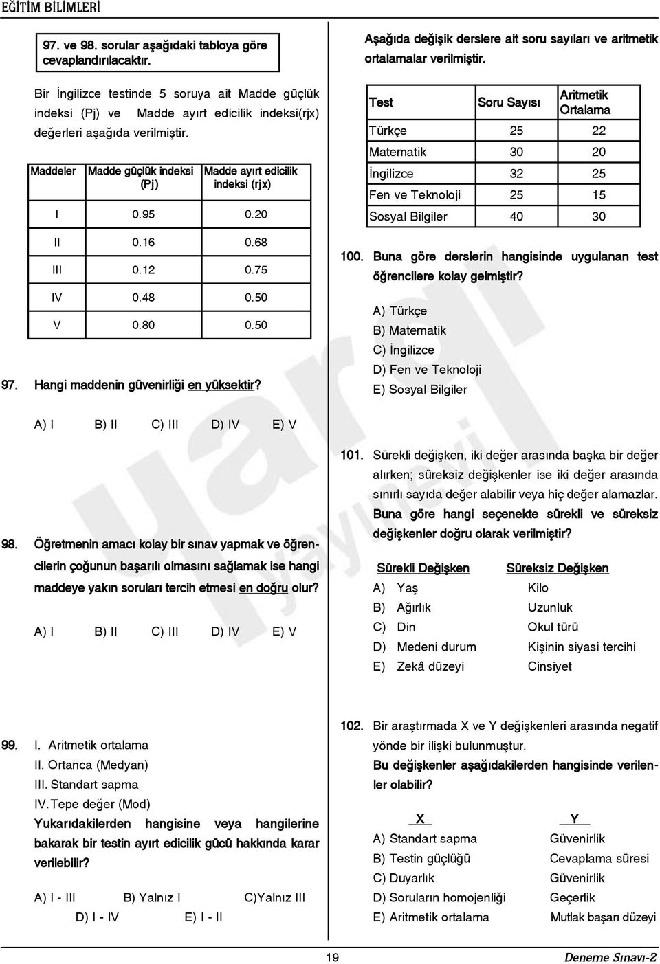 Aþaðýda deðiþik derslere ait soru sayýlarý ve aritmetik ortalamalar verilmiþtir. Test 100. Buna göre derslerin hangisinde uygulanan test öðrencilere kolay gelmiþtir?