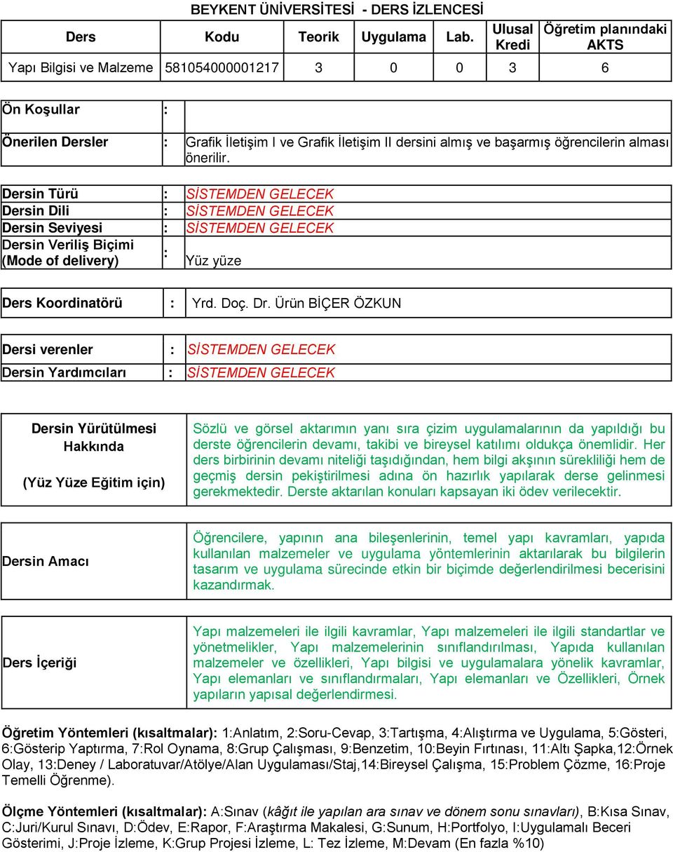 alması önerilir. Dersin Türü : SİSTEMDEN GELECEK Dersin Dili : SİSTEMDEN GELECEK Dersin Seviyesi : SİSTEMDEN GELECEK Dersin Veriliş Biçimi : (Mode of delivery) Yüz yüze Ders Koordinatörü : Yrd. Doç.