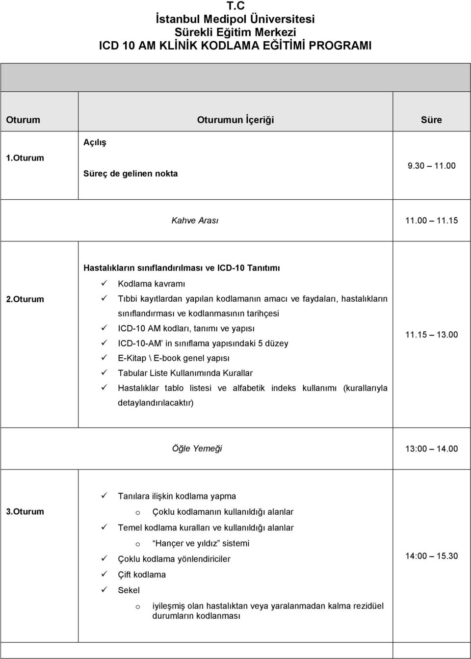 genel yapısı Tabular Liste Kullanımında Kurallar Hastalıklar tabl listesi ve alfabetik indeks kullanımı (kurallarıyla detaylandırılacaktır) 3.