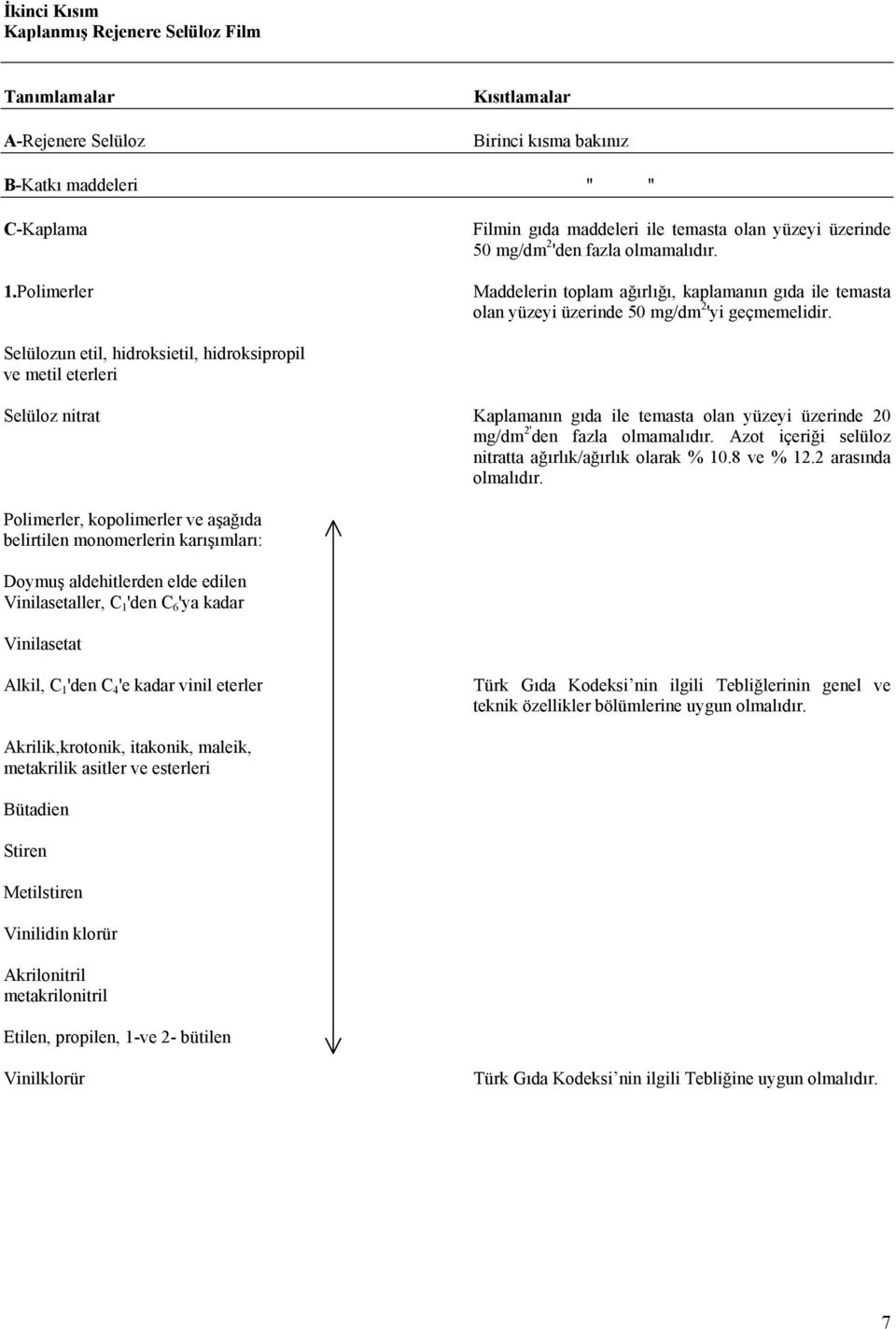 Selülozun etil, hidroksietil, hidroksipropil ve metil eterleri Selüloz nitrat Kaplamanın gıda ile temasta olan yüzeyi üzerinde 20 mg/dm 2' den fazla olmamalıdır.