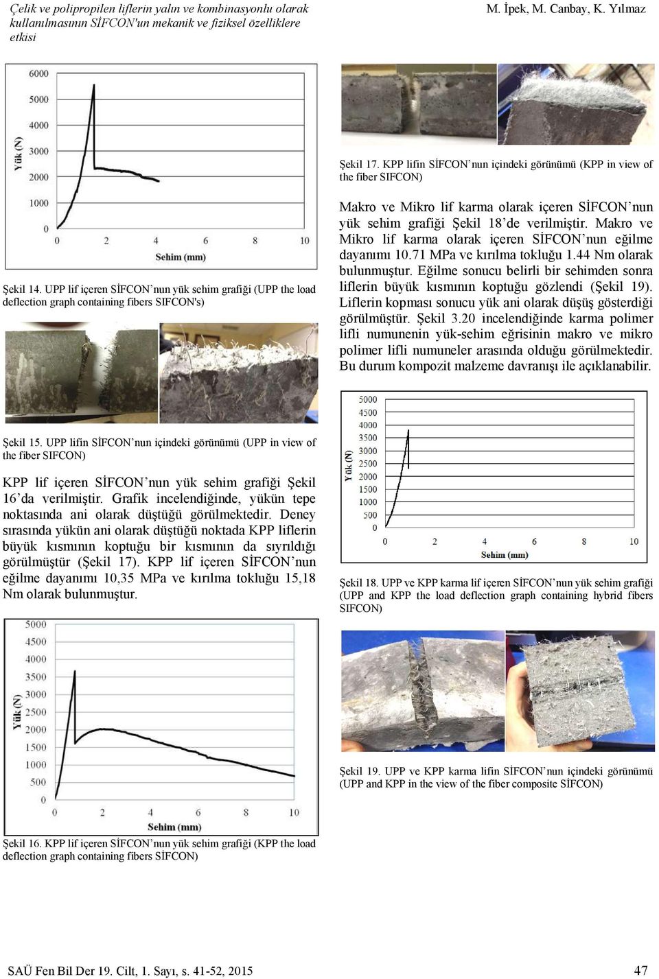 Makro ve Mikro lif karma olarak içeren SİFCON nun eğilme dayanımı 10.71 MPa ve kırılma tokluğu 1.44 Nm olarak bulunmuştur.