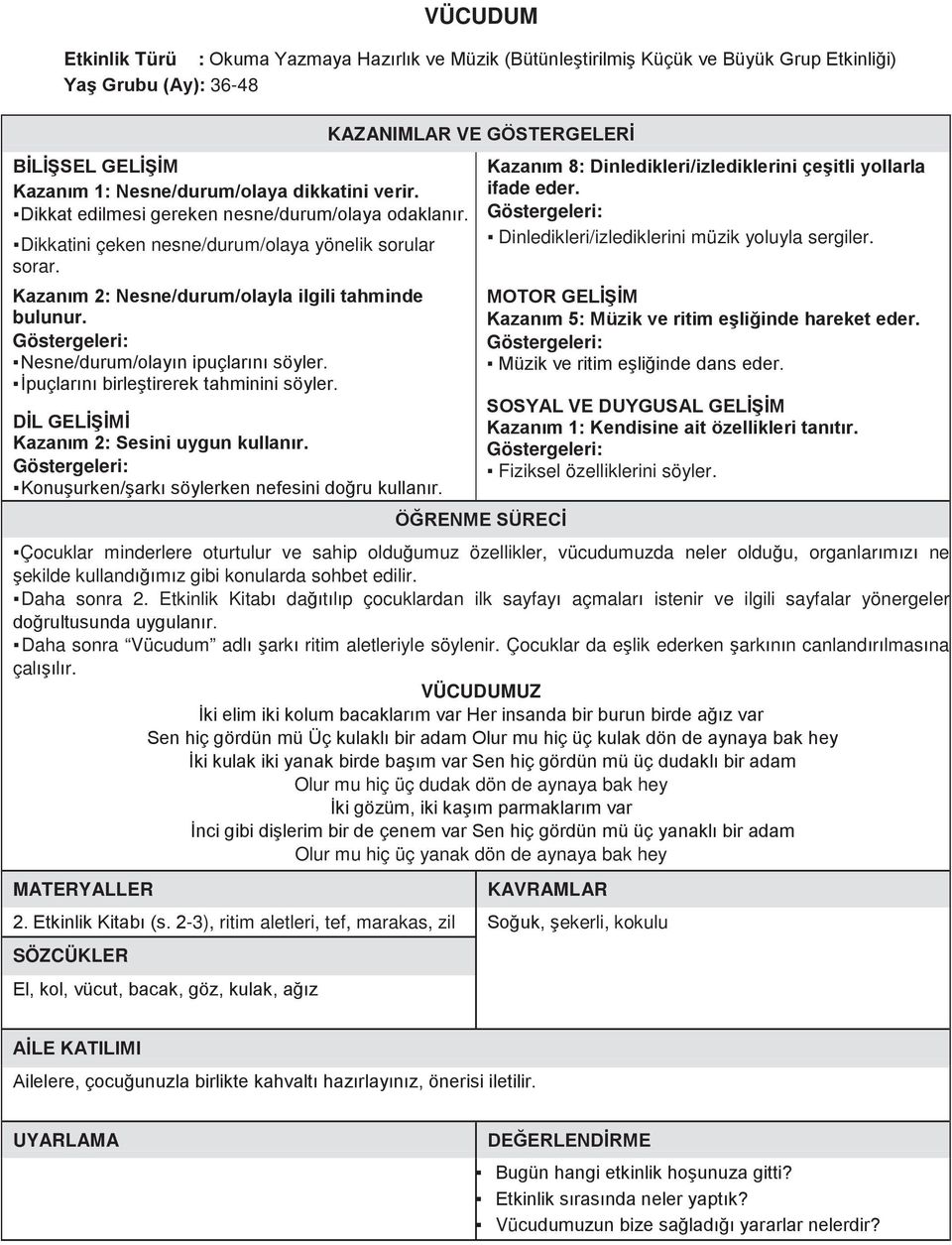 Nesne/durum/olayın ipuçlarını söyler. İpuçlarını birleştirerek tahminini söyler. Kazanım 2: Sesini uygun kullanır. Konuşurken/şarkı söylerken nefesini doğru kullanır.