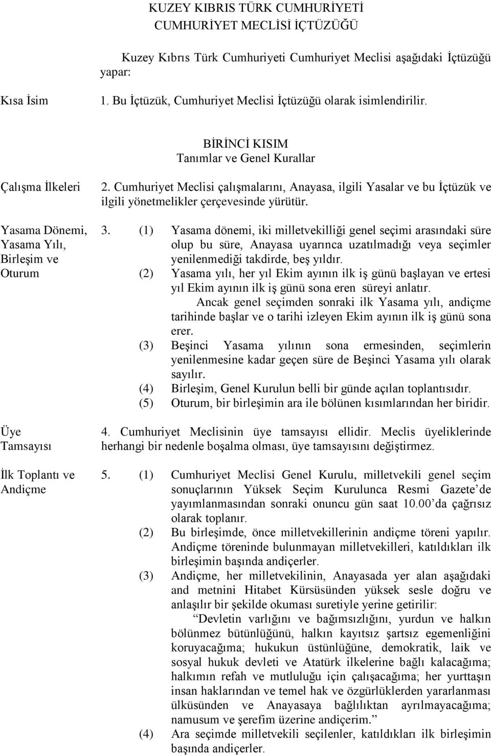 Cumhuriyet Meclisi çalışmalarını, Anayasa, ilgili Yasalar ve bu İçtüzük ve ilgili yönetmelikler çerçevesinde yürütür. Yasama Dönemi, Yasama Yılı, Birleşim ve 3.