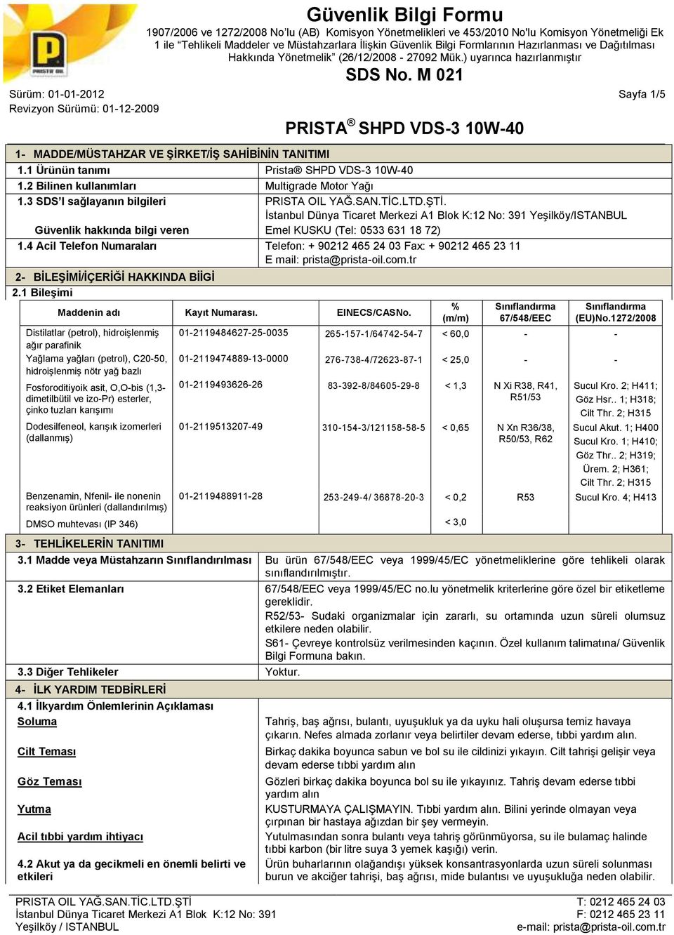 tr 2- BİLEŞİMİ/İÇERİĞİ HAKKINDA BİİGİ 2.1 Bileşimi Maddenin adı Kayıt Numarası. EINECS/CASNo.