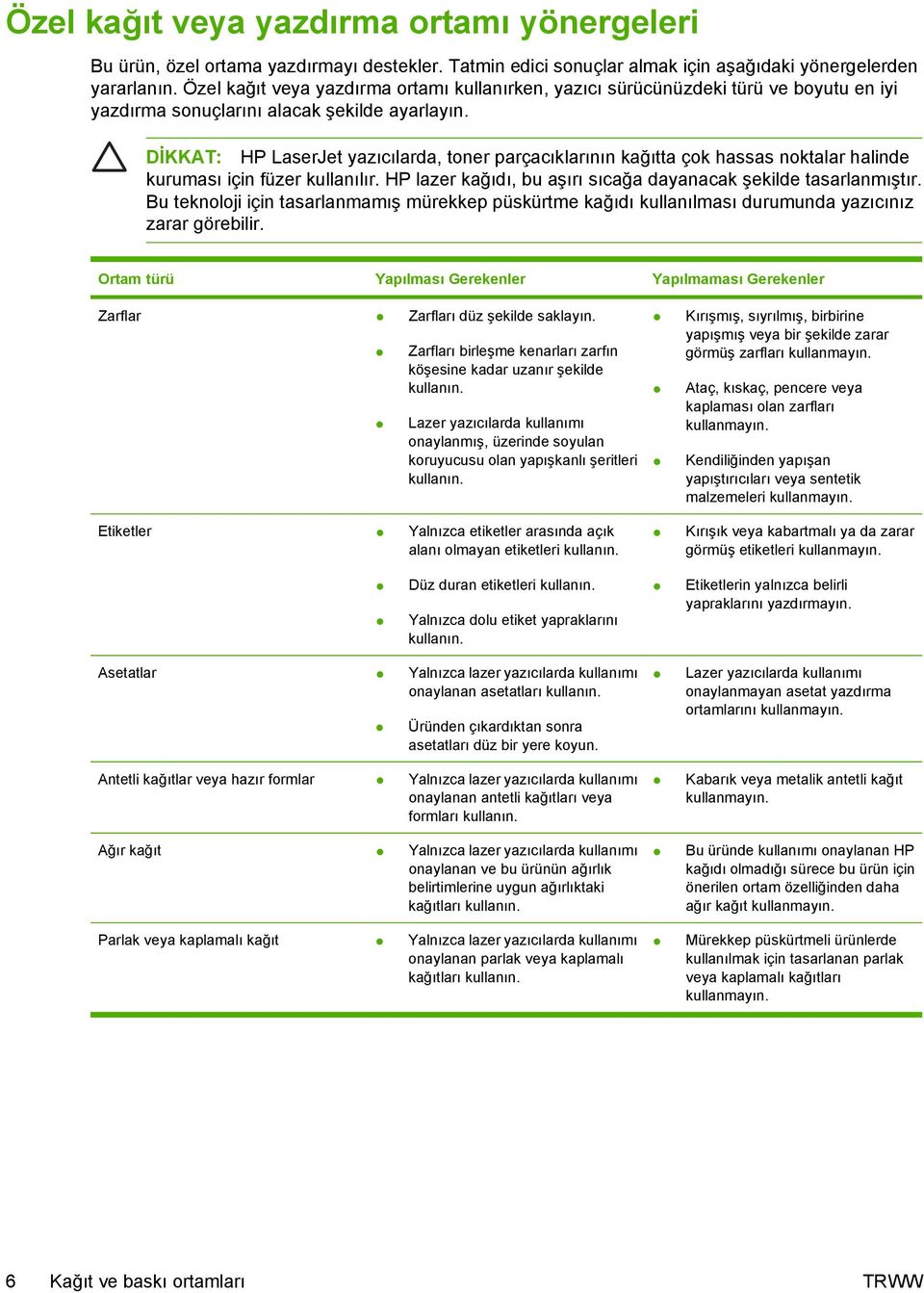 DİKKAT: HP LaserJet yazıcılarda, toner parçacıklarının kağıtta çok hassas noktalar halinde kuruması için füzer kullanılır. HP lazer kağıdı, bu aşırı sıcağa dayanacak şekilde tasarlanmıştır.